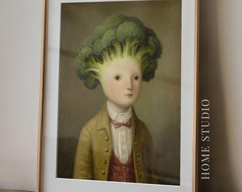May include: A framed art print featuring a portrait of a person with a head made of green broccoli. The figure wears a tan jacket, a white collared shirt, and a maroon vest with a bow tie. The text HOME STUDIO is printed vertically on the right side.
