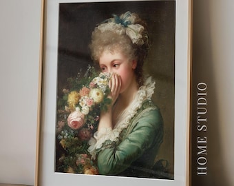 Funny Bathroom Picture, - Lady with Flowers, Nose Art Print, Powder Room Humor, Stinky Joke