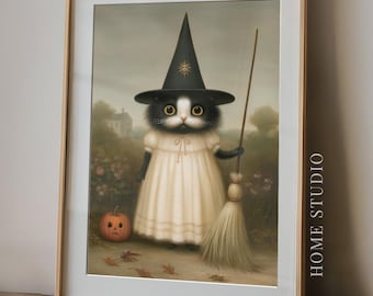 Halloween Witch Cat Portrait - Whimsical Black White Cat Art, Vintage Fall Decor, Storybook Print