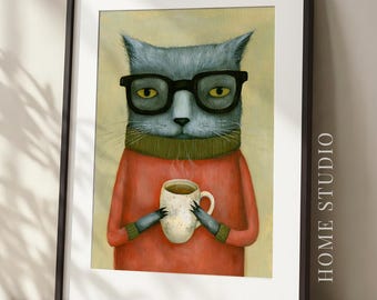 Arte de gatos con café - Lámina de gato peculiar, decoración de animales para nerds, kitsch para amantes del té, despensa de cocina