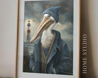 Retrato de pelícano pescador - Arte náutico animal, decoración de pared costera, lámina de aves marinas, estilo marítimo caprichoso