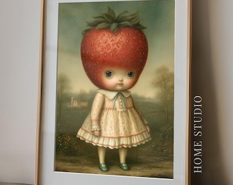 Retrato de Strawberry Girl - Arte de cocina caprichoso, decoración vintage de frutas, lámina de pared estilo cottagecore