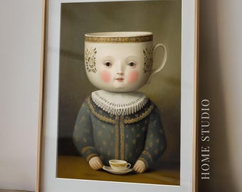 Lámina con retrato en taza de café - Arte de cocina original, decoración vintage para salón de té, arte con tazas de té curiosas