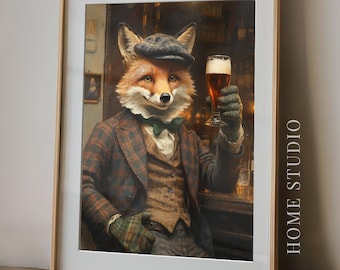 Irish Fox Victorian Portrait Art Print Unframed Ireland Beer Wall Vintage Dapper Dressed Animal Home Bar Cottagecore Suit Bar Cart Decor
