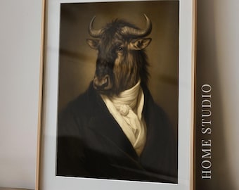 Wildebeest Portrait Art Print - Vintage Gentleman Picture, Moody Formal Antelope, Classic Gnu Animal Decor