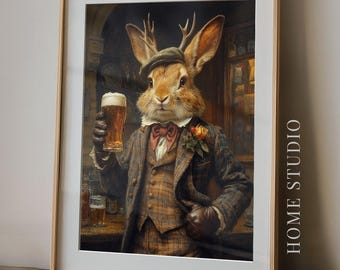 Dapper Jackalope Art Print - Vintage Animal Portrait, Gentleman Rabbit Wall Art, Victorian Irish Beer