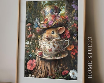 Lámina artística de lirón en taza de té - Retrato de animal del País de las Maravillas, decoración caprichosa para una fiesta de té, arte de pared de cuento de hadas