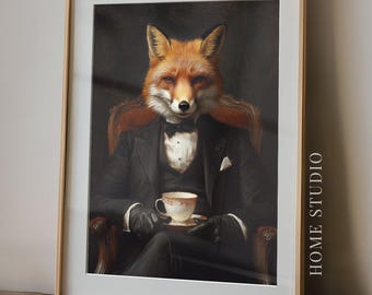Retrato de zorro de té - Arte mural caprichoso, estilo victoriano, estampado animal, decoración para salón de té