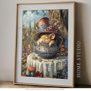 Sleepy Dormouse in Teapot – Alice In Wonderland Fairytale Wall Art Cozy Cottagecore Décor Storybook Whimsical Print Mad Tea Party Fantasy