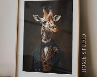 Lámina artística con retrato de jirafa - Elegante imagen de animal, estilo caballero victoriano, decoración de pared con carácter
