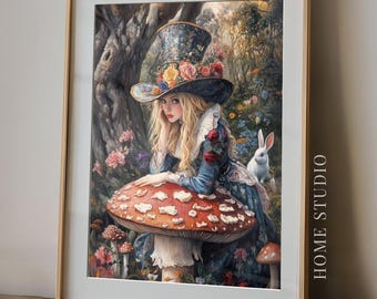 Lámina artística de Alicia en el País de las Maravillas - Sombrerero Loco del País de las Maravillas, imagen de setas, fiesta del té, conejo blanco