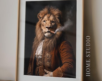 Cigar Lion Art Print - Dapper Animal Picture, Vintage Gentleman Style, Lounge Animal, Moody Masculine