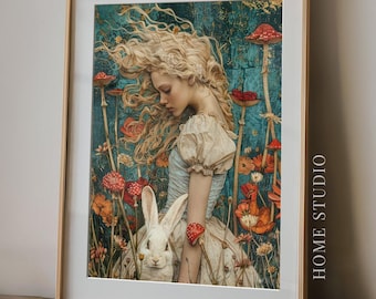 Lámina artística de Alicia: Imagen literaria del País de las Maravillas, un clásico atemporal, una niña caprichosa, un conejo blanco y un jardín de setas.