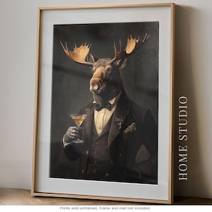 Moose Martini Art Print - Dapper Animal Picture, Cocktail Bar Poster, Moody Speakeasy, Whimsical Aesthetic