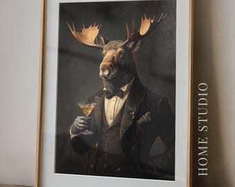 Moose Martini Art Print - Dapper Animal Picture, Cocktail Bar Poster, Moody Speakeasy, Whimsical Aesthetic