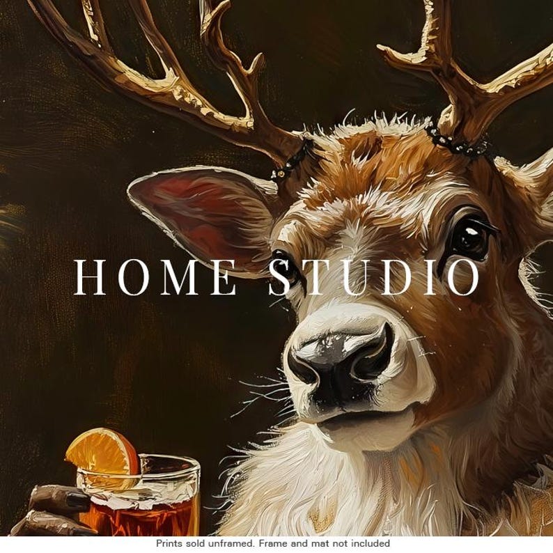 Santa Suit Deer Art - Christmas Whiskey Picture, Holiday Bar Print, Whimsical Reindeer, Winter Decor afbeelding 4