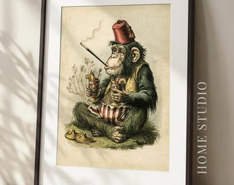 Lámina artística de chimpancé tiki - Decoración para bar tiki en casa, imagen de cóctel tropical, póster de mono con fez