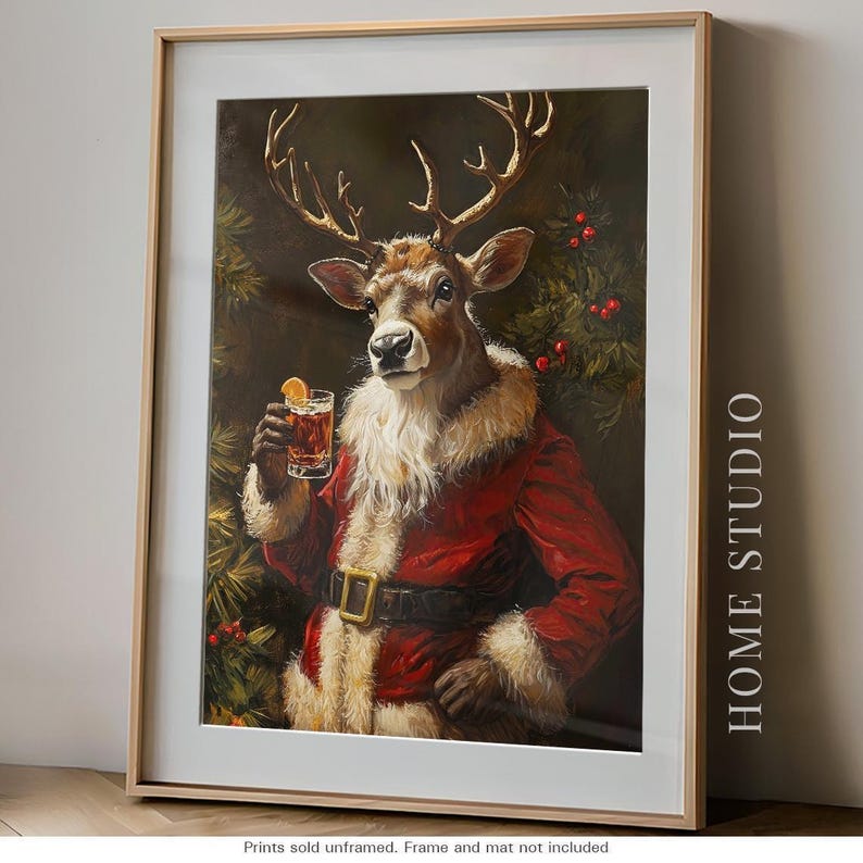 Santa Suit Deer Art - Christmas Whiskey Picture, Holiday Bar Print, Whimsical Reindeer, Winter Decor afbeelding 1