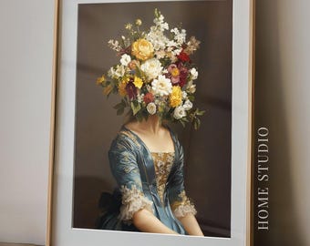 Retrato de mujer con flores - Arte mural clásico surrealista, lámina floral romántica, decoración de galería con ambiente melancólico
