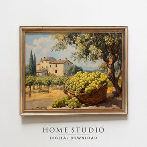 トスカーナのブドウ収穫の静物画 – 印刷可能なイタリアのブドウ園の壁アート、素朴な田舎風キッチンの装飾、ブドウとヴィラのデジタルダウンロード