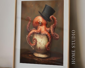 Retrato de pulpo con sombrero de copa - Arte mural náutico, decoración costera original, lámina de criatura marina victoriana