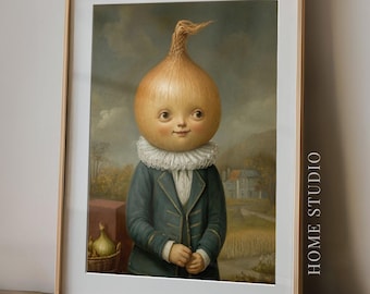 Lámina artística de cebolla amarilla: imagen de vegetales original, humor surrealista y caprichoso, decoración para la despensa de la cocina.