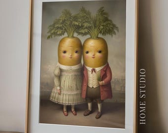 Lámina decorativa de pareja de zanahorias: decoración de cocina original, retrato de verduras vintage, arte de pared estilo cottagecore.