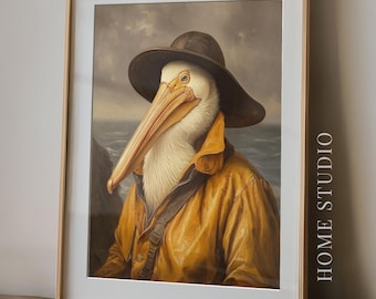 Pelican Fishing Art Print - Maritime Coastal Picture, Rustic Fisherman Bird, Nautical Beachy, Ocean Sailor