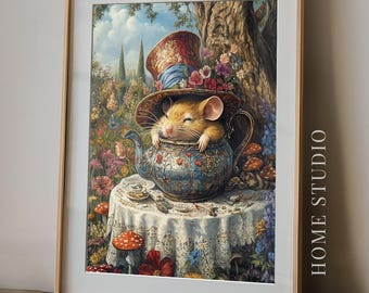 Sleepy Dormouse Print - Wonderland Tea Party Art, Teapot Wall Decor, Whimsical Storybook Picture