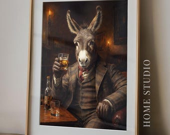 Donkey Whiskey Portrait - Pub Wall Art, Home Bar Decor, Dapper Animal Print