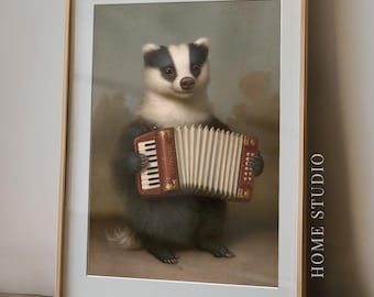 Badger Accordion Art – Whimsical Woodland Animal Print, Quirky Vintage Wall Art