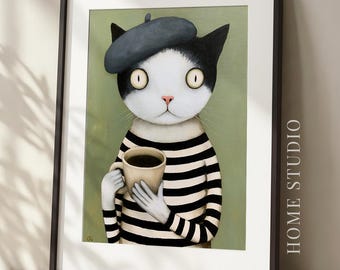 Lámina Beatnik Coffee Cat - Retrato felino caprichoso, arte para la pared de una cafetería, decoración kitsch para la cocina