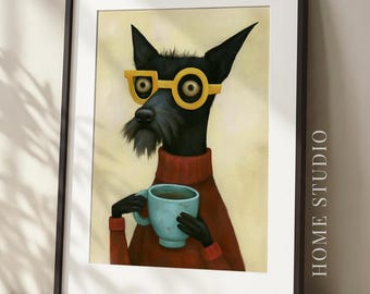 Retrato de perro con café: estampado animal peculiar, arte mural para nerds, estilo kitsch caprichoso.