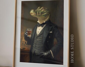 Retrato de cocodrilo y whisky - Decoración para bar en casa, arte mural de reptiles, lámina para carrito de bar con cocodrilo