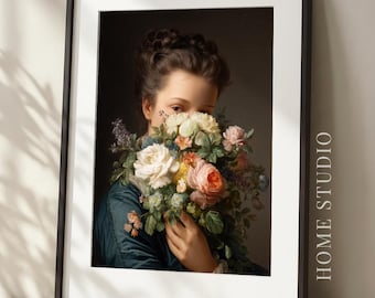 Arte floral para el baño: retrato de mujer victoriana, decoración para el tocador, póster romántico.