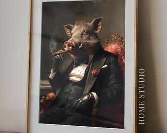Razorback Cigar Portrait - Whiskey Wall Art, Rustic Bar Decor, Wild Boar Print, Arkansas Lodge