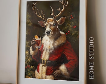 Retrato de reno navideño - Decoración navideña para bar, reno con traje de Papá Noel, arte mural de whisky