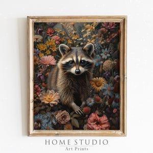Whimsical Raccoon Art Print Unframed Wildflower Animal Boho Woodland Wall Décor Rustic Nature Home Art Portrait Deco Cottagecore Botanical