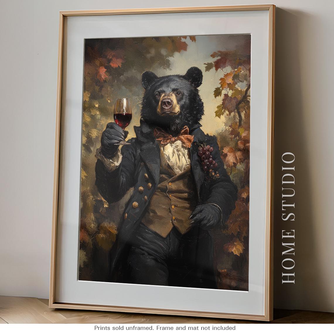 Black Bear Art Print Unframed Red Wine Dapper Vineyard Bar Wall Decor Lodge Style Gift Animal Lover Victorian Portrait Cabin Drinking Glass