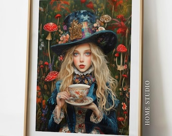 Alice as Mad Hatter Print - Wonderland Wall Art, Tea Party Decor, Whimsical Storybook Portrait