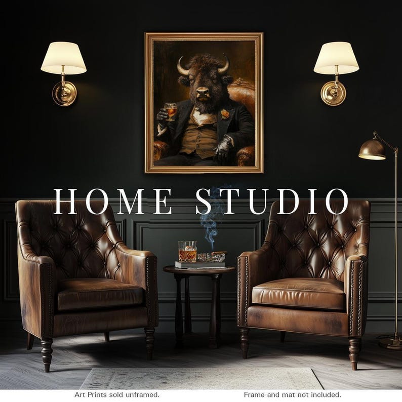 Bison Whiskey Portrait - Home Bar Decor, Dapper Buffalo Wall Art, Masculine Animal Print zdjęcie 7