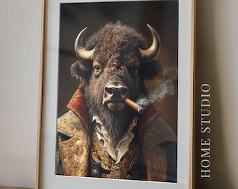 Retrato de bisonte y cigarro - Decoración para salón de puros, arte mural del oeste, estampado animal victoriano masculino