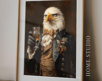 Dapper Bald Eagle Art Print Patriotic Animal Portrait Wall Art Vintage Office Decor USA Gift For Him 4th of July Bar Cart Lounge Poster Suit