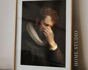 Retrato divertido para el baño de invitados: hombre sujetándose la nariz, decoración para el tocador, arte mural de estilo antiguo.