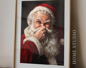 Retrato divertido de Papá Noel en el baño - Arte navideño con humor, decoración festiva para la pared, lámina festiva para el baño, obra de arte de Papá Noel caprichosa