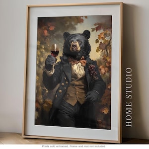 Black Bear Red Wine Art - Autumn Vineyard Picture, Dapper Gentleman, Vintage Lodge Theme Print, Old World Style