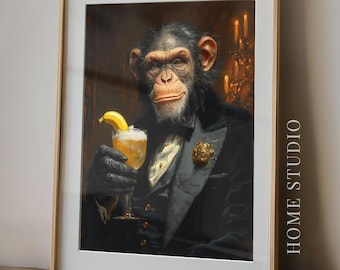 Retrato de chimpancé en cóctel - Decoración para bar en casa, arte para salón de cócteles, estampado animal elegante
