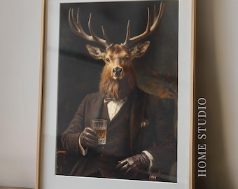 Retrato de alce y whisky - Decoración para bar en casa, arte de pared para cabaña, estampado rústico de animales