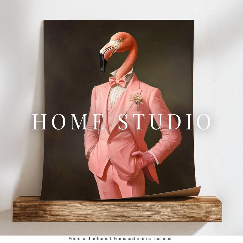 Pink Suit Flamingo Art Print - Dapper Bird Picture, Vintage Gentleman Style, Quirky Florida Animal image 2