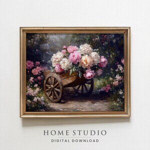 素朴な牡丹の庭の印刷物 - ヴィンテージフローラルウォールアート、コテージコアフラワーカートの装飾、寝室や玄関のシャビーシックなデジタルダウンロード
